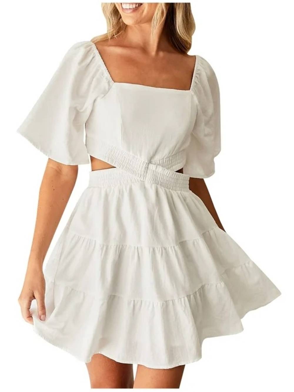 White Puff-Sleeve Tiered Dress